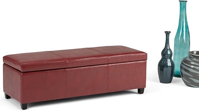 SIMPLIHOME Avalon Storage Ottoman Bench - 48 inch Wide Upholstered Vegan Leather Rectangular Lift-Top Ottoman in Red, Contemporary Storage Bench for Living Room with High-Density Foam