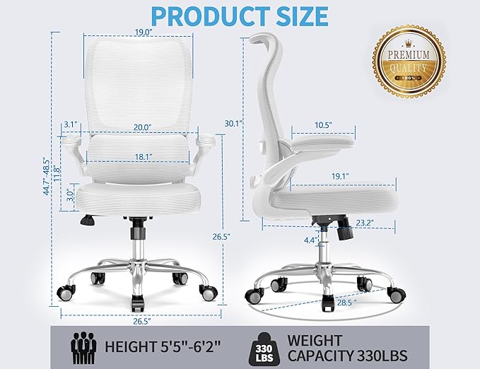 TRALT Ergonomic Office Chair - Desk Chair with Wave High Back Adjustable Lumbar Support Computer Chair - Gaming Chairs Mesh Backrest and PU Leather Seat for Home Reading Chairs to Adults(White)