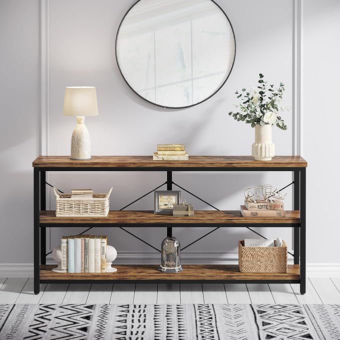 Tribesigns 55-Inch Industrial Sofa Table, 3-Tier Console Table with Metal Frame and Open Shelves, Modern Decorative Shelf, Open TV Shelf for Living Room, Entryway, Hallyway (Brown and Black)