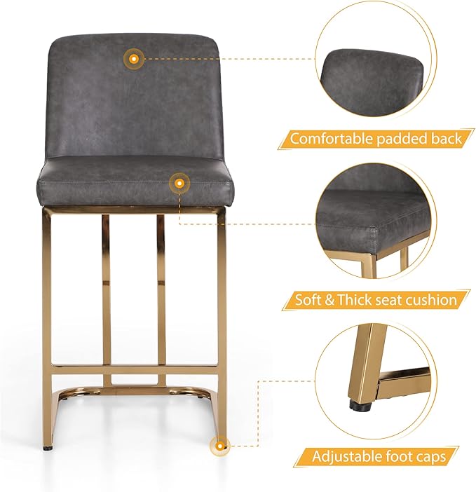 Sophia & William Counter Height Bar Stools Set of 2, 24" Bar Stools with Back for Kitchen Counter, Modern PU Leather Kitchen Counter Stools,Grey Gold