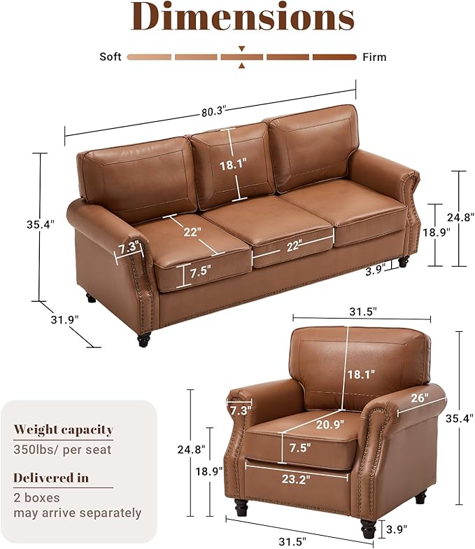 Kingfun Mid-Century Modern Couch, Faux Leather Sofa Set, 3 Seater Couch for Living Room with Rolled arms & Nailhead Trim,Brown