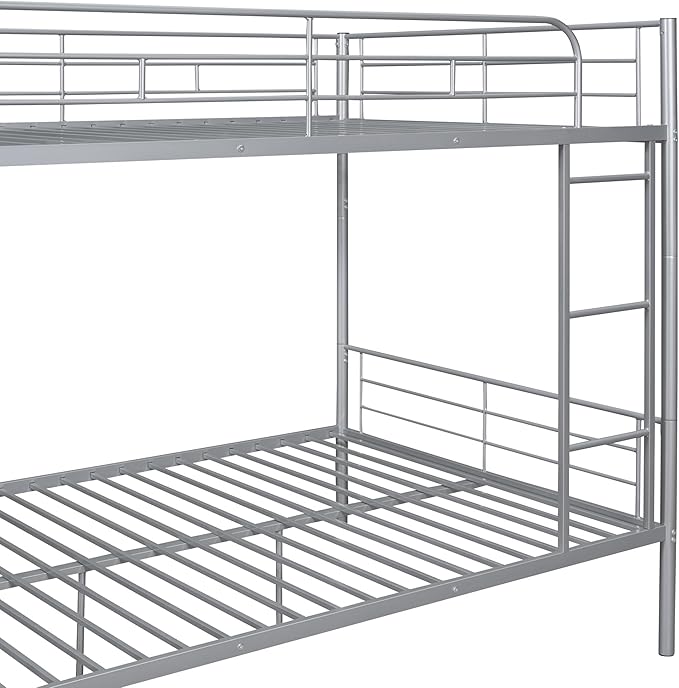 Merax Full Over Full Metal Bunk Bed with Ladder and high Guardrail, Able to Split, Storage Space, No Box Spring Needed, Noise Free, Silver