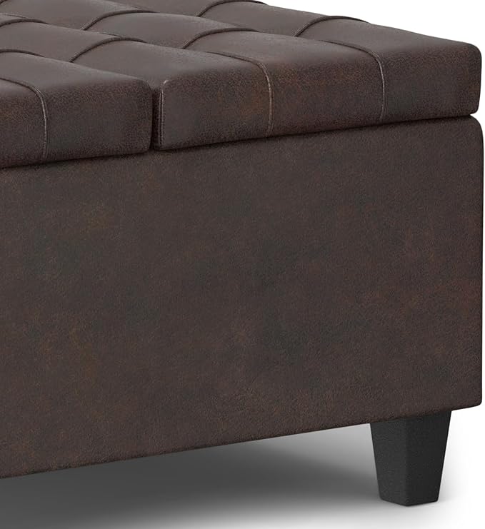 SIMPLIHOME Harrison 30 inch Wide Transitional Square Small Coffee Table Storage Ottoman in Distressed Brown Vegan Faux Leather, Assembled, for The Living Room and Bedroom