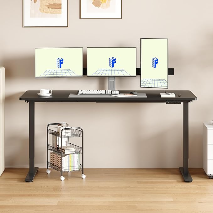FLEXISPOT E3 Dual Motor Electric Standing Desk 60x24 Inch Whole-Piece Board Height Adjustable Electric Sit Stand Desk (Black Frame + Black Desktop, 2 Packages)