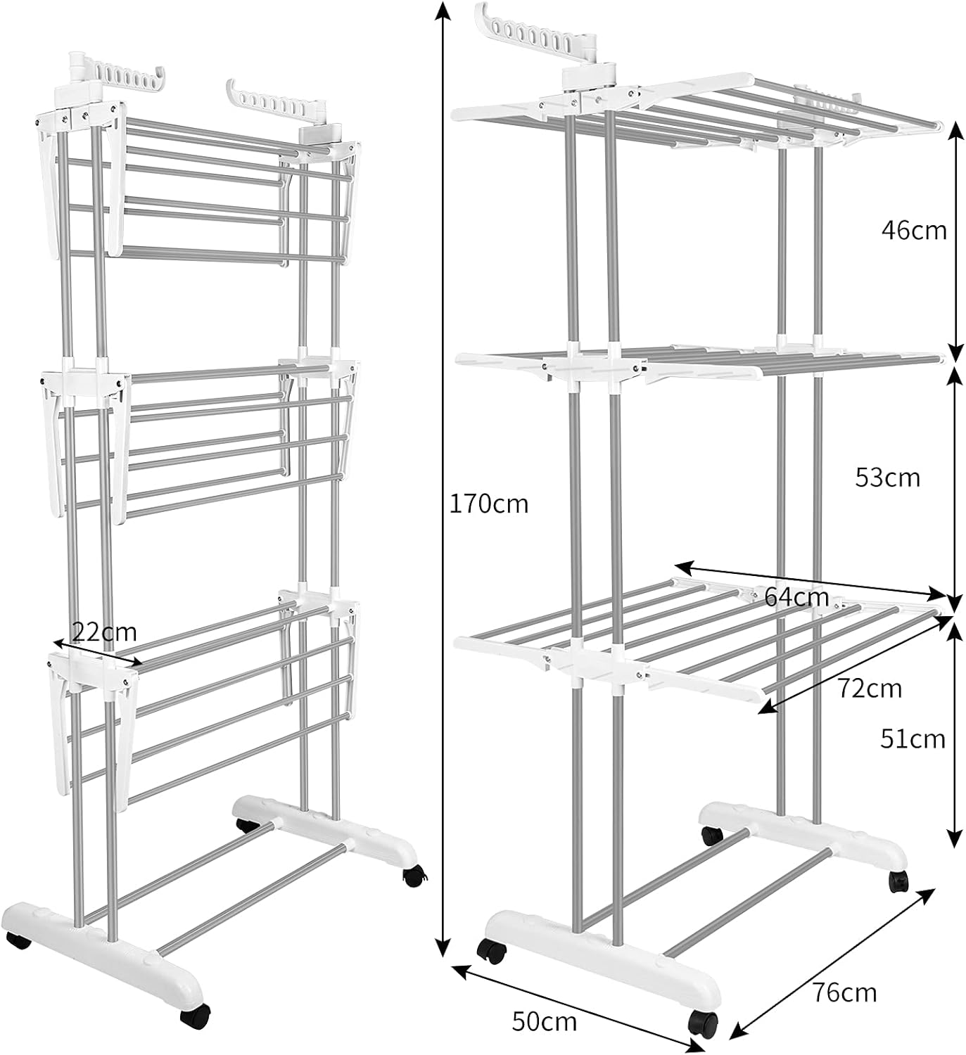 Bigzzia Clothes Drying Rack, Folding Stainless Steel Drying Rack Clothing Indoor Outdoor, Space-Saving, 4 Tier Laundry Drying Rack with Two Side Wings -Grey White