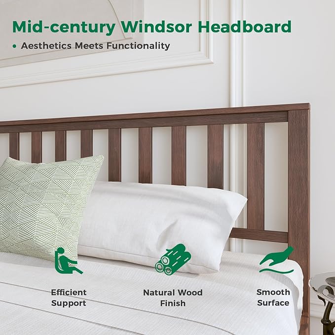 DELAVIN King Size Bed Frame and Headboard, Mid Century Modern Platform Bed, Malaysian Oak Bed with 12 Slats Support,Solid Wood Function, No Box Spring Needed, Easy Assembly, King, Antique Espresso