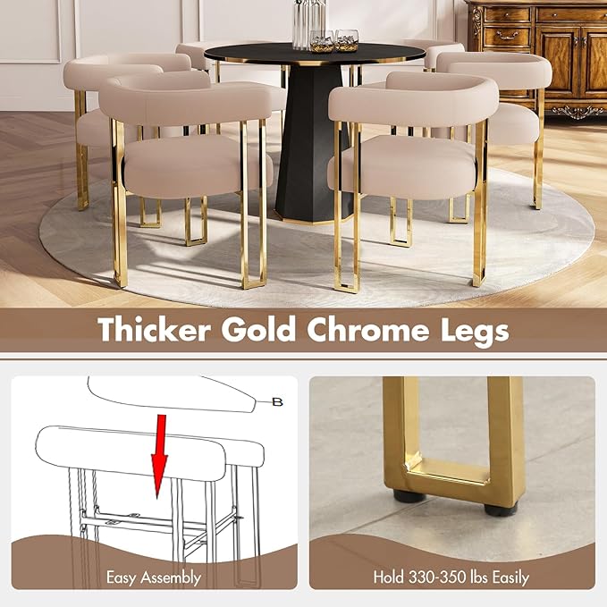 Velvet Dining Chairs Set of 2, Khaki Upholstered Barrel Armchairs with Gold Metal Legs for Kitchen Island, Mid Century Modern Accent Side Chairs for Dining Room and Living Room, Open-Back
