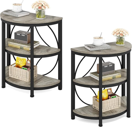 Tribesigns Half Round End Table for Living Room Set of 2, 3-Tier Half Side Table with Metal Frame, Industrial Half Moon Table with Storage Shelves for Entryway, Bedroom, Grey