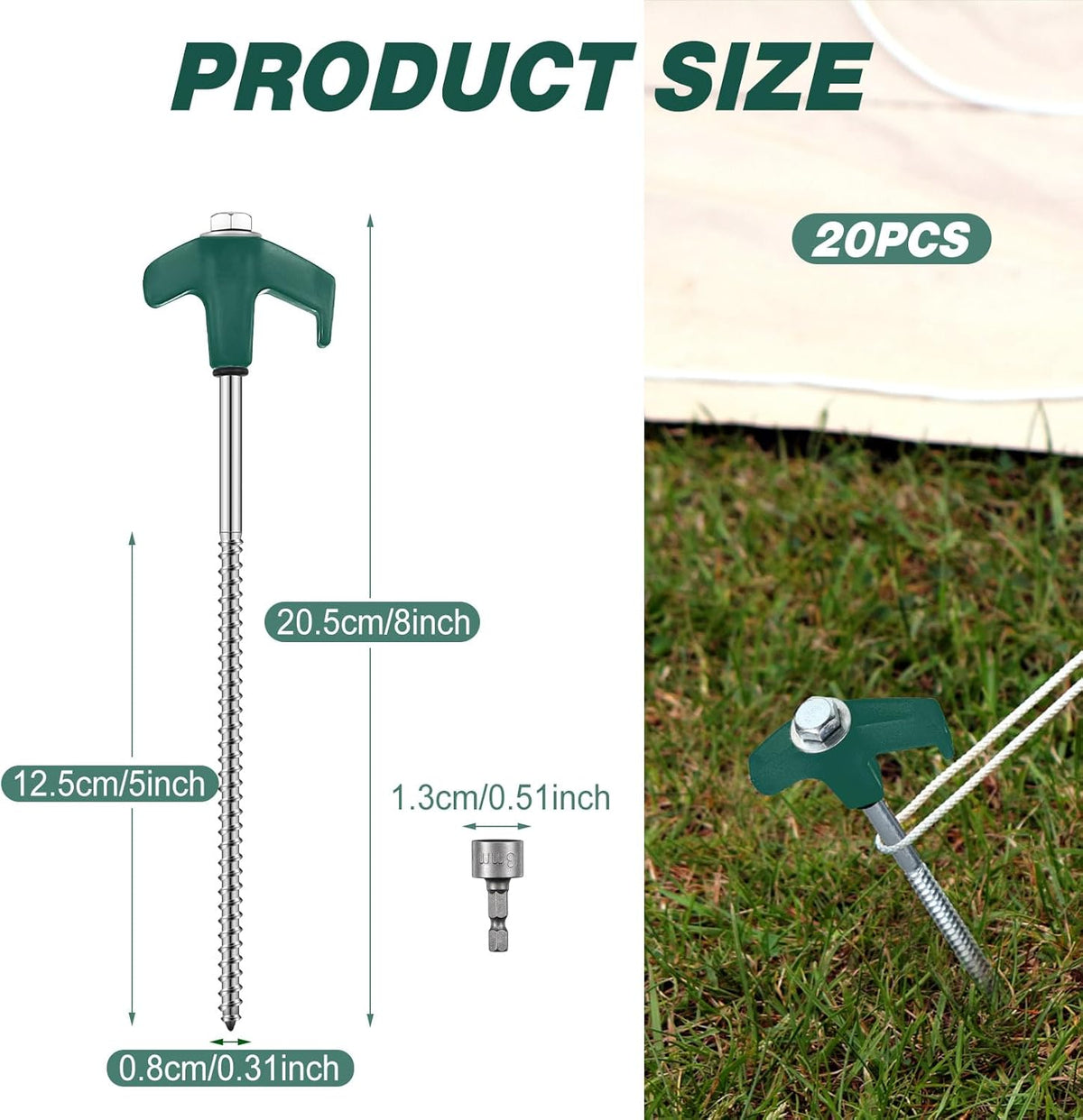 Hicarer 20 Pcs 20 Pcs 8'' Screw in Tent Stakes Heavy Duty Ground Metal Stakes for Inflatables with Hex Head Driver for Outdoor Camping Tent Inflatable Garden Decor (Dark Green)