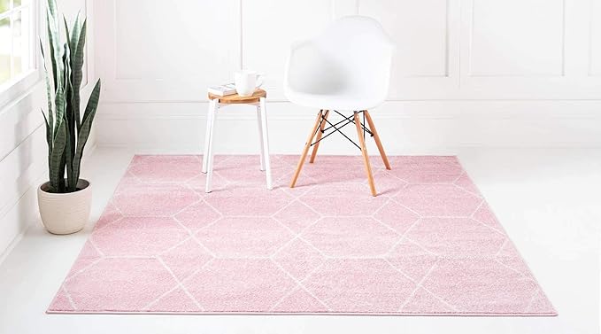 Unique Loom Trellis Frieze Collection Area Rug - Geometric (5' Square, Light Pink/ Ivory)
