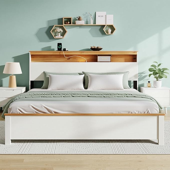 King Bed Frame, Wood Platform Bed Frame with Storage Headboard, Charging Station, Modern Bedframe King Size, 800lbs Capacity, Metal Slat Support, Noise-Free, No Box Spring Needed, White