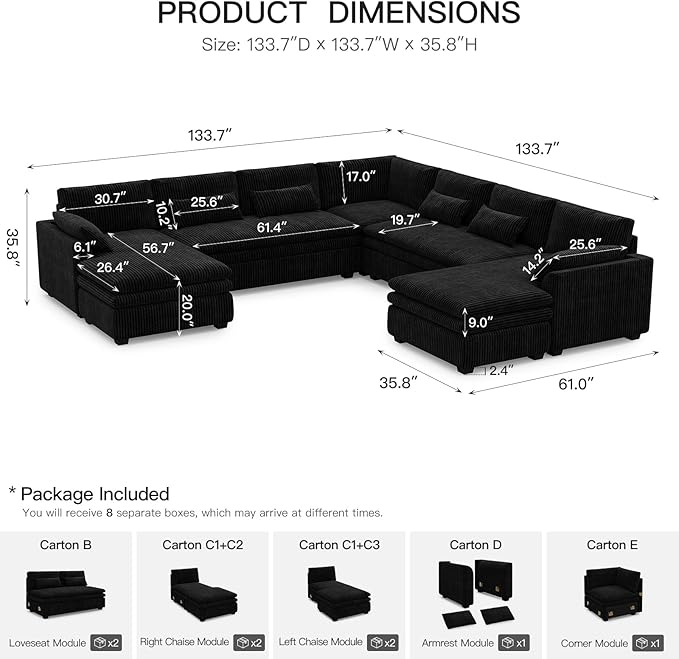 Belffin Large Modular Sectional Sofa with Double Deep Chaise and Loveseat, Corduroy U Shape Couch with 9" Soft Dual-Layer 9 Seats Cushion for Living Room, Apartment, Black