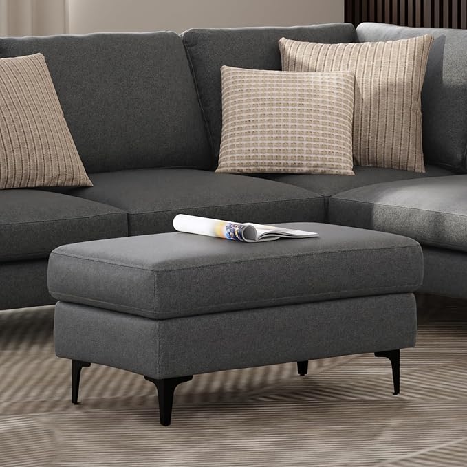 SIMPLIHOME Ava Ottoman in 100% Recycled Polyester Tightly Woven Performance Fabric, Pebble Grey, 36-inches Wide, Mid-Century Modern Multipurpose Table Ottoman or Footrest, Assembled, for Living Room