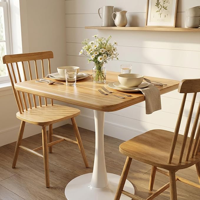 23.6" Square Small Dining Table for 2, Tulip Bistro Table with White Metal Pedestal Base, Modern Mid-Century Compact Kitchen Dining Piece for Home, Café, Restaurant, or Office