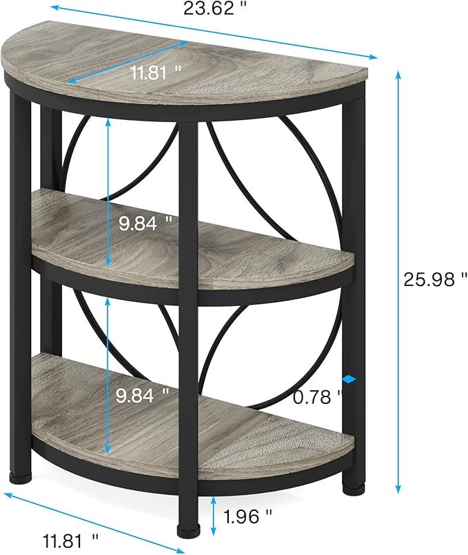 Tribesigns Half Round End Table for Living Room, 3-Tier Half Side Table with Metal Frame, Industrial Half Moon Table with Storage Shelves, Half Circle Accent Table for Entryway, Bedroom, Grey