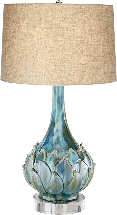 Possini Euro Design Kenya Modern Tropical Table Lamp with Riser 31" Tall Blue Green Ceramic Beige Linen Drum Shade for Living Room Bedroom House Bedside Home Office Entryway (Color May Vary)