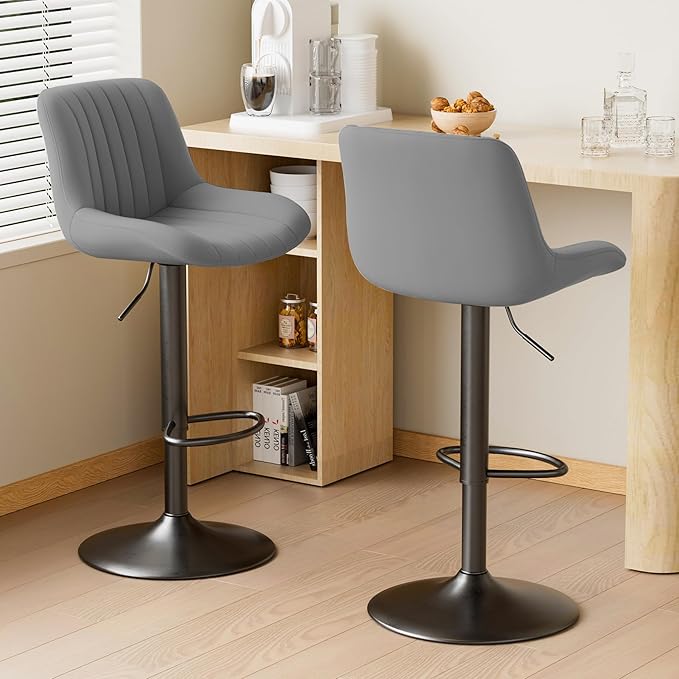 Nalupatio Bar Stools Set of 2, Adjustable Modern Swivel Bar Stools with Backs, Counter Height Performance Fabric Island Chairs for Home Kitchen, Dark Grey