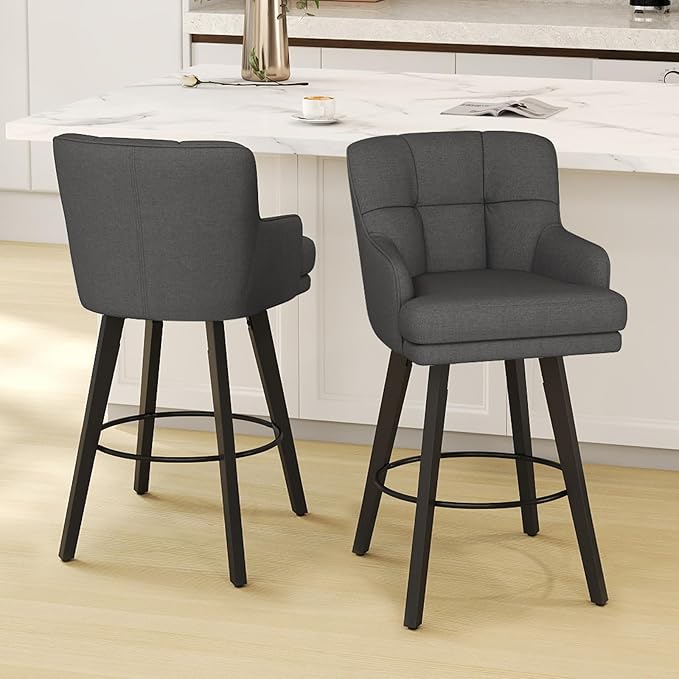 360°Swivel Counter Height Bar Stools with Back, 30 inch Solid Wood Legs, Bar Stool Modern Kitchen Island Chairs, Fabric (Black Grey- Fabric, 30" H- Set of 2)