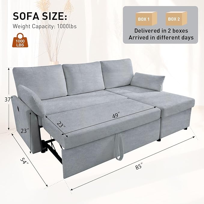 Waxberry Sectional Sofa Couch, Pull Out Couch Sleeper Sofa Bed with Storage for Living Room, Reversible Chaise, Side Pockets & Dual USB/Type-C Ports, Gray