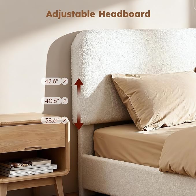 Cloud Bed Frame, Soft Boucle Bed Frame with Adjustable Headboard, Solid Wood Legs, Rounded Corners Design & Easy Assembly – Modern Platform Bed, Twin Cream