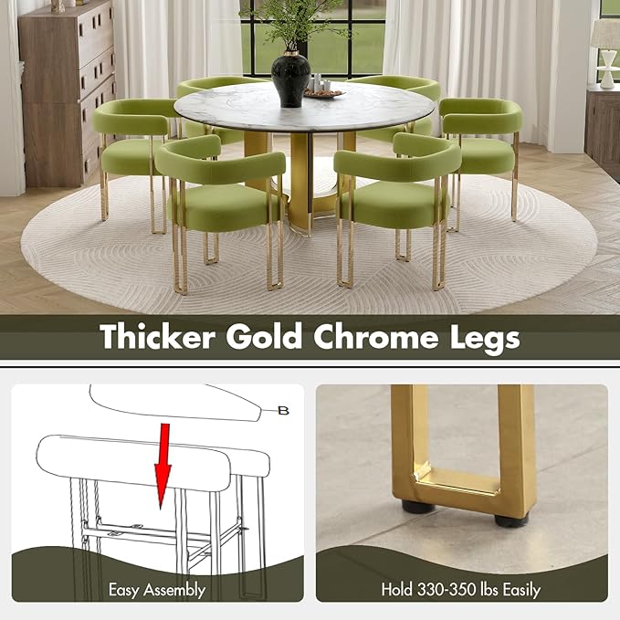 Green and Gold Modern Dining Chairs Set of 6, Velvet Upholstered Barrel Armchairs with Metal Legs for Kitchen Island, Mid Century Accent Chairs for Dining Room Living Room, Open-Back
