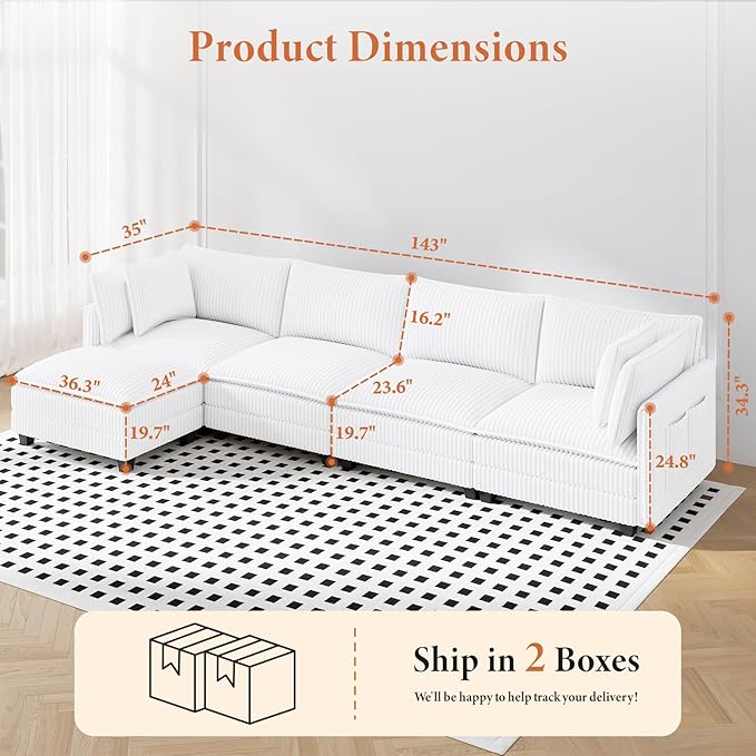Vesgantti 143" L Shaped Modular Sectional Sofa, Comfy Corduroy Upholstered Modular Sectional Couches for Living Room, Modern Cloud Couch with Ottoman Deep Seat, Warm White
