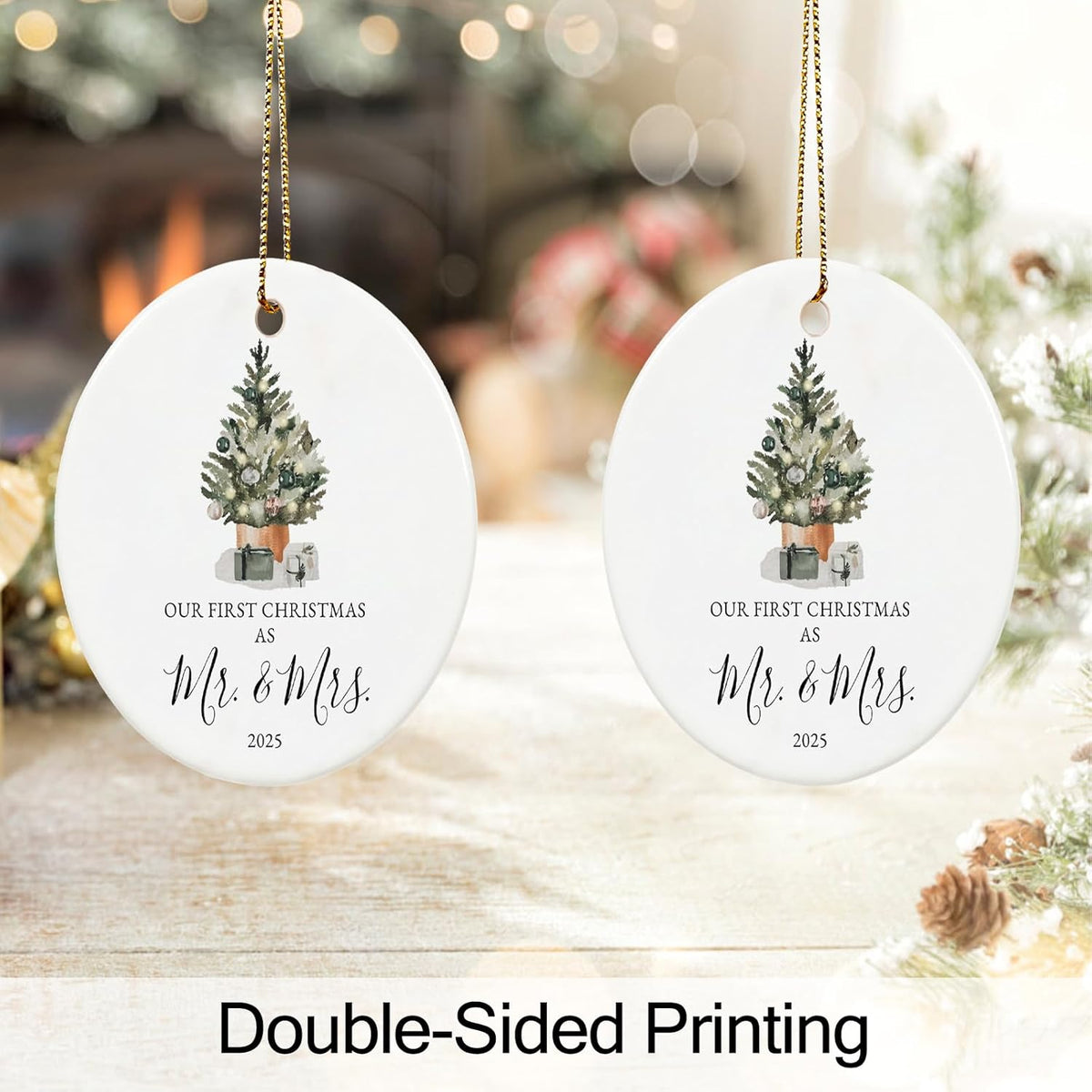 Our First Christmas Married Ornament 2025, Just Married Gifts for Couple, Mr and Mrs, Ceramic Keepsake with Ribbon and Gift Box