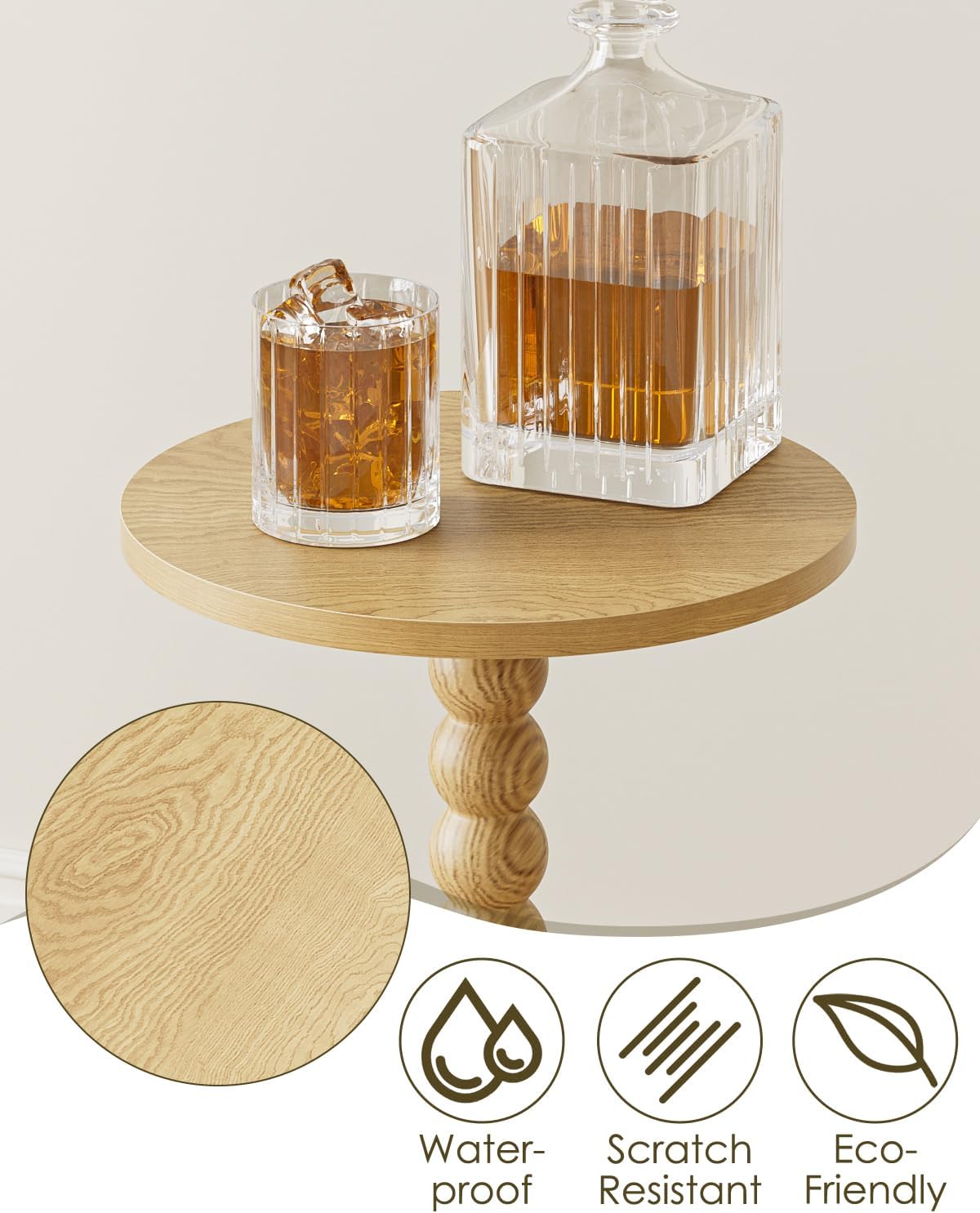 Masupu Round Side Table, Small End Table for Small Spaces, Pedestal Drink Table with Solid Wood Leg for Living Room, Bedroom, Corners(Natural)