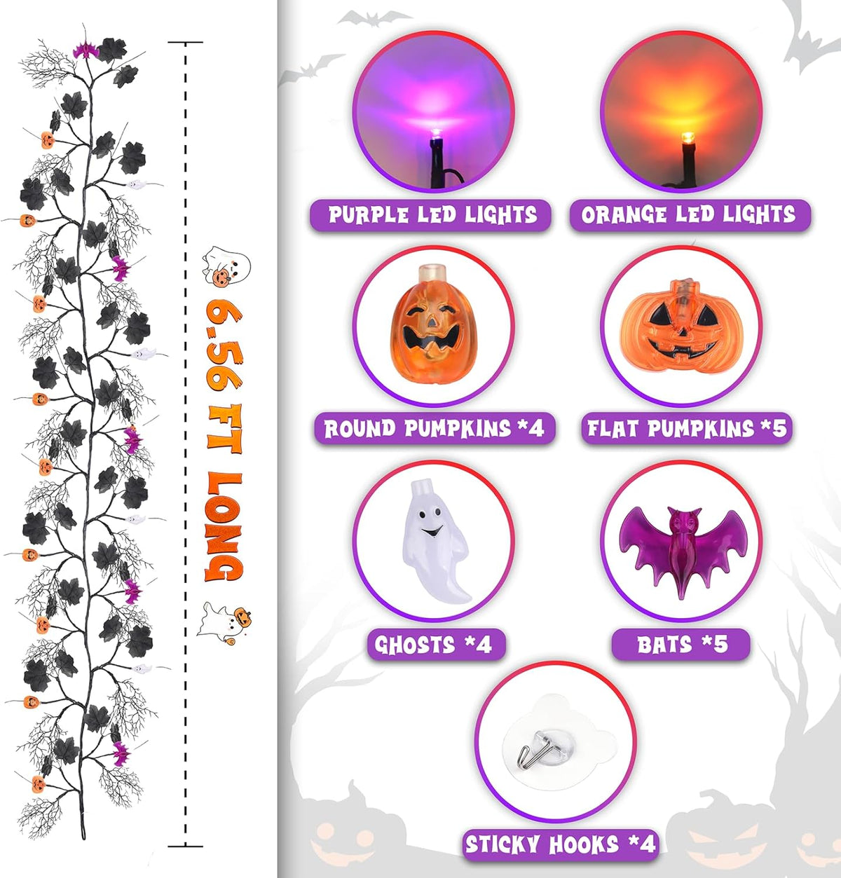 kuaima Halloween Lighted Willow Vine Twig Decor, 6.56 FT Light up Garland with Purple and Orange LED Lights for Indoor Outdoor Decor, 8 Modes, 18 Ornaments, 4 Adhesive Hooks