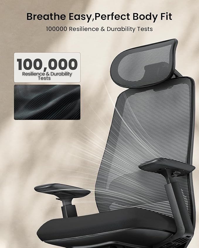 ProtoArc Ergonomic Office Chair – EC200 High-Back Mesh Computer Chair with Lumbar Support, 3D Adjustable Headrest & Sliding Seat for 8+ Hour Comfort, Big & Tall Home Office Desk Chairs - Black