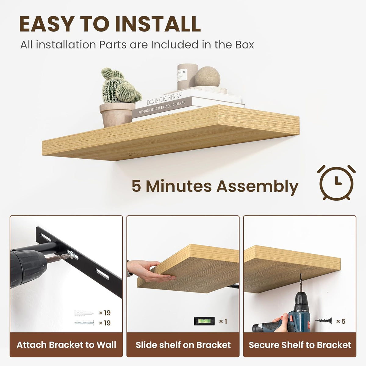 55 Inch Floating Shelves, 12 Inch Deep Floating Shelves for Wall, Floating Shelf with Invisible Brackets, Deep Shelves for Bathroom, Bedroom, Living Room, 1 Pack, Natural