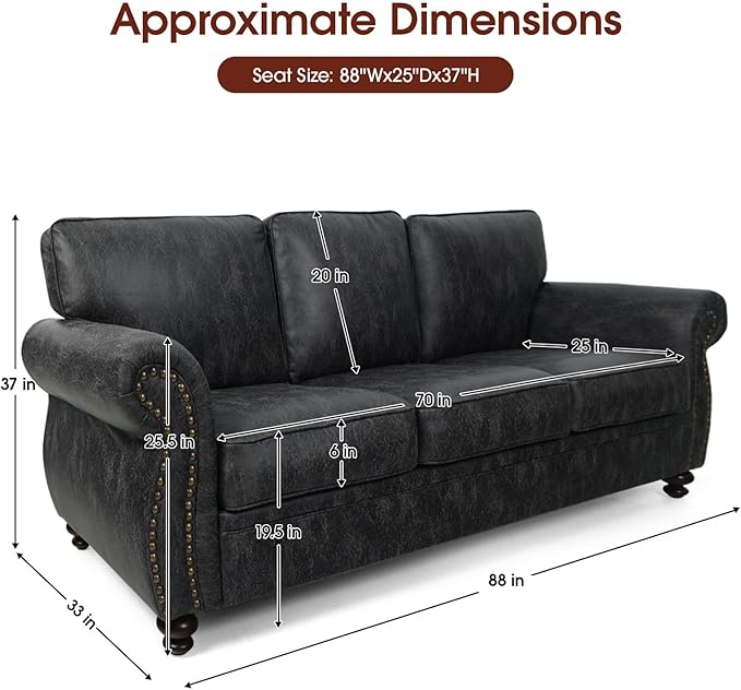 Mid-Century Vintage Sofa Couches with Rivet Design,3-Seater Sofa,Removable Sofa Cover Upholstered Cushions and Solid Wood Frame (Grey, 3-Seater)