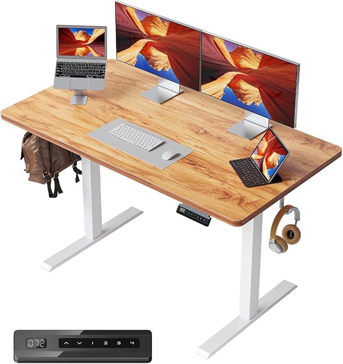 FEZIBO One-Piece Standing Desk Adjustable Height Stand up Home Office Desk, 48x24 Inch Electric Standing Computer Desk, with 4 Memory Presets, Headphone Hook, Light Rustic