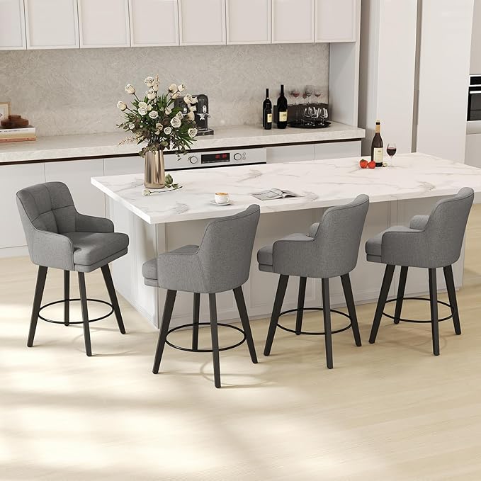 360°Swivel Counter Height Bar Stools with Back, 26 inch Solid Wood Legs, Bar Stool Modern Kitchen Island Chairs, Fabric (Mid-Grey- Fabric, 26" H- Set of 1)