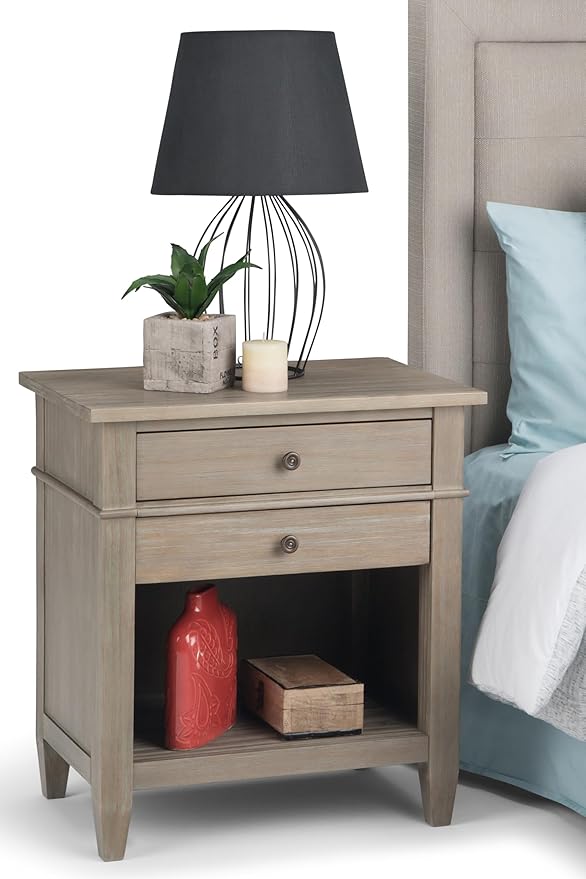 SIMPLIHOME Carlton Bedside Table - 24 inch Wide Solid Wood Nightstand Table in Distressed Grey, Transitional Bedroom Side or End Table with 2 Drawers, Open Storage Shelf and Bronze Hardware
