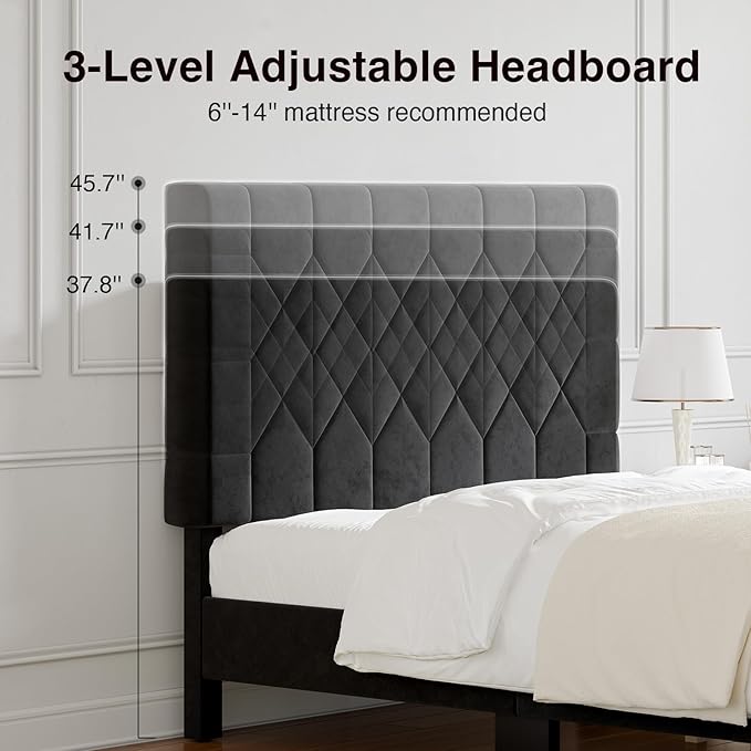 Novilla Full Size Bed Frame, Full Bed Frame with Headboard, Velvet Upholstered Pull-Point Headboard, No Box Spring Needed, Heavy Duty Feet, Easy Assembly, Black Velvet