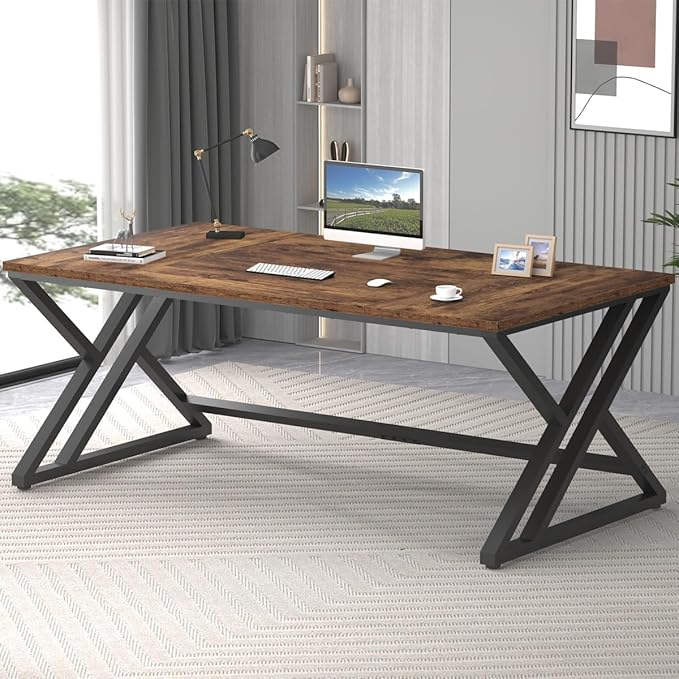 LVB 70.8" Computer Desk, Industrial Extra Long Wood Home Office Desk, Large Rustic Modern Metal Workstation Pc Study Writing table, Dual monitor Double Work Executive Desk for Two Person, Rustic Brown