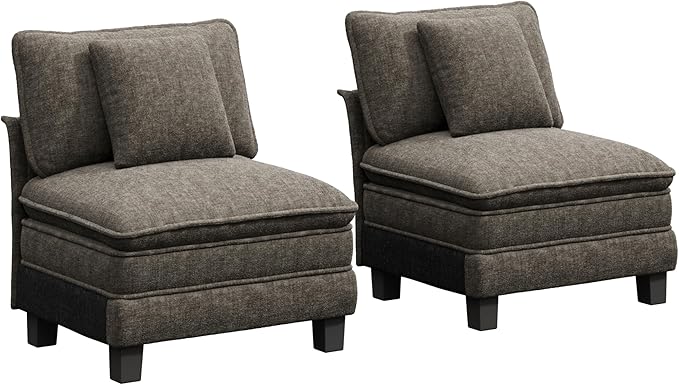 PHI VILLA Indoor Modular Sectional Couches Sets, 2-Piece Armless Sofa Set, 2-Seater Upholstered Couch for Living Room Small Spaces, Chenille Fabric, Smoky Grey