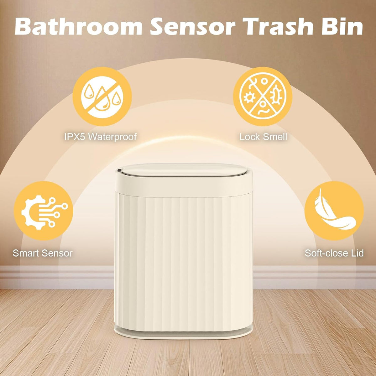 ELPHECO 2 Gallon Sensor Trash Can - 7.5L Waterproof Motion Sensor Trash Can, Automatic Bathroom Trash Bin, Slim Garbage Can, Bathroom, Office, Bedroom, Beige