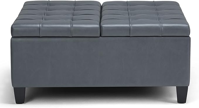 SIMPLIHOME Harrison 36 inch Wide Transitional Square Coffee Table Storage Ottoman in Stone Grey Vegan Faux Leather, Assembled, for the Living Room and Bedroom