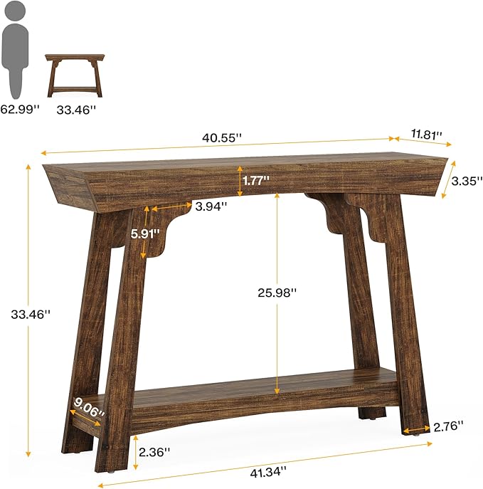 Tribesigns 41.3" Farmhouse Console Table, Small Entryway Table with 2-Tier Storage, Narrow Wooden Sofa Table Behind Couch for Living Room, Foyer, Hallway, Rustic Brown