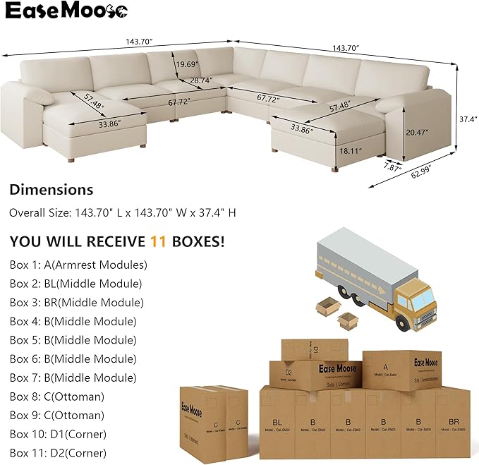EASE MOOSE Oversized U Shaped Couch,Modular Sectional Convertible Sofa with Wide Deep,Extra Large Faux Leather Scratch Resistant Modern Couch for Big Spaces Living Room,Beige