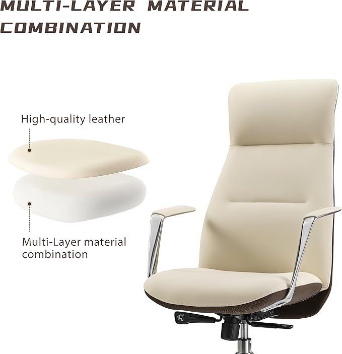 EUREKA ERGONOMIC Royal Slim Executive High Back Beige Leather Office Chair, Home Desk Chair for Adults, Big and Tall with Wheels, Swivel Rolling