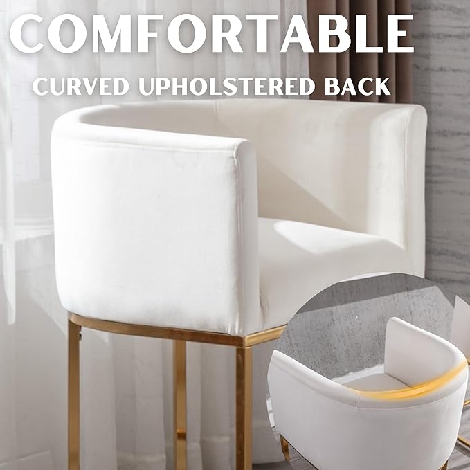Contemporary Cream Velvet Bar Stools Set of 2, 24" Upholstered Fabric Counter Height Barstools Kitchen Counter Island Stools with Screwed Together Golden Metal Base