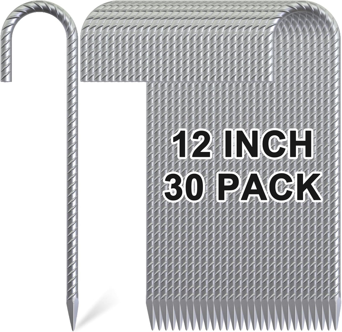 Rebar Stakes 12 Inch, 30 Pack Galvanized Metal Tent Stakes Heavy Duty Ground Stakes, J Hook Steel Fence Stakes for Ground, Outdoor Decoration, Wire Fencing, Gardening