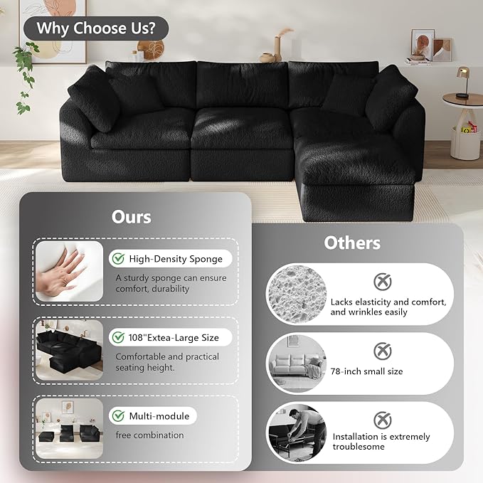 108" Boneless Cloud Couch Modular Sectional Sofa with Deep Seat for Living Room, L Shape Couch with Ottoman, Snowflake Cloth and 40D Memory Sponge，2 Throw Pillows (Black, 3 Seater+1 Ottoman)