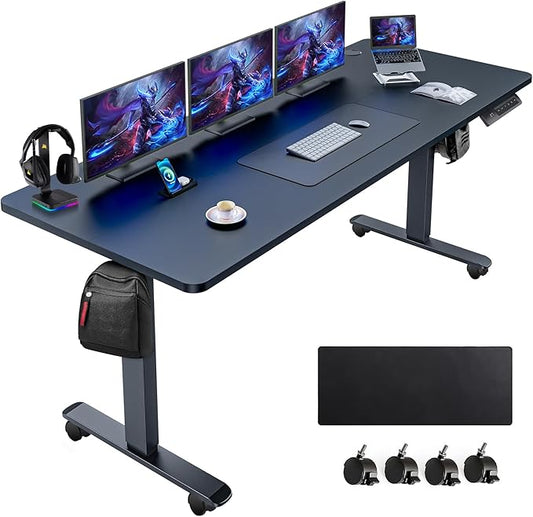 farexon Large Electric Standing Desk 63x24 Inch, Dual-Beam Frame Height Adjustable Computer Desk with Lockable Wheels & Mouse Pad, Multifunctional Sit Stand Desk for Home Office – Black