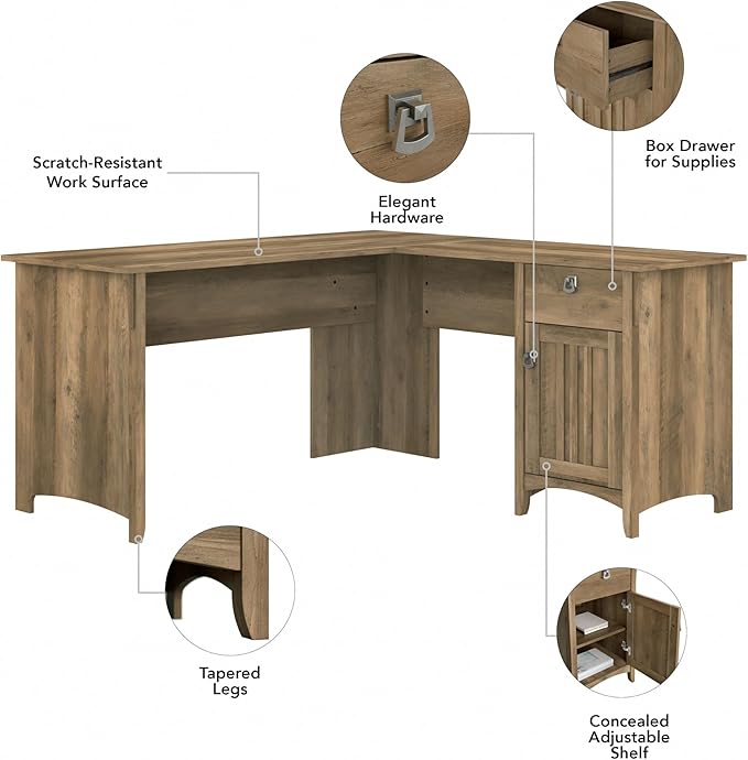 Bush Furniture Salinas L Shaped Desk with Hutch, File Cabinet and 5 Shelf Bookcase | 3 Piece Home Office Furniture Set in Reclaimed Pine | L Shaped Corner Table with Storage