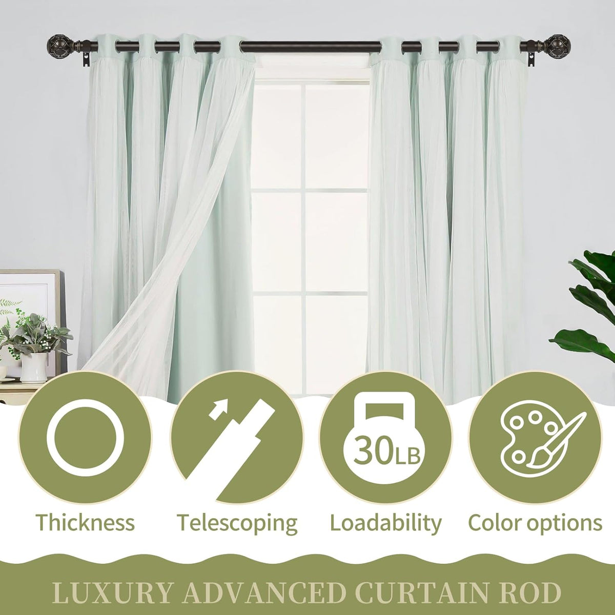 Bronze Farmhouse Curtain Rods for Windows:Heavy Duty Adjustable Curtain Rod for Bedroom Living Room,Boho Decorative Rustic Drapery Rods with Vintage Coastal Finial,Antique Bronze 2 Pack 36-88"