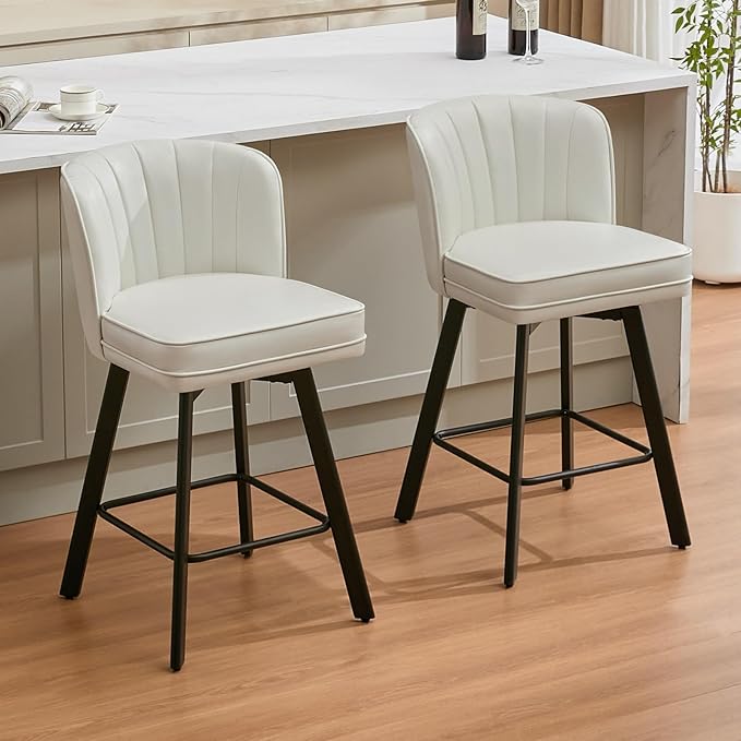 Swivel Counter Height Bar Stools Set of 4, 26'' Modern Barstools with Backs and Metal Legs, Upholstered Bar Chairs, Faux Leather White Stools for Kitchen Island Chairs